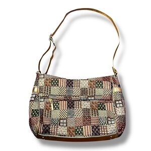 Vintage 90s SAS Purse Patchwork Tapestry Gold Faux Leather Pockets Long Strap